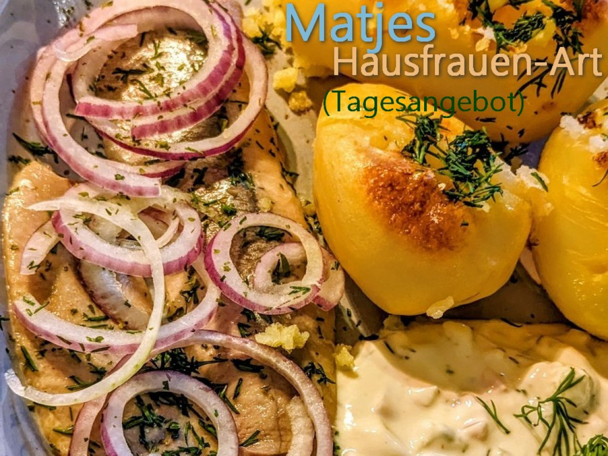 Matjes mit Salzkartoffeln beschriftet
